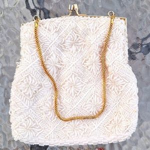 Beaded White and Golden Smooth Chain Evening Bag - Wedding Purse Clutch - New
